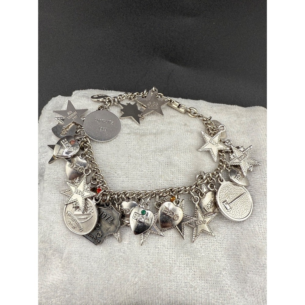 Vintage Beta Sigma Phi Sorority Charm Bracelet Some Sterling Silver Green Bay 7"